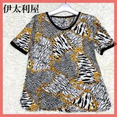 美品 伊太利屋 イタリア ヒョウ柄カットソー 半袖Tシャツ スカーフ柄 M