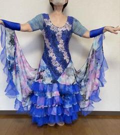 最新エルメス 青 ドレス スタンダード 社交ダンス 競技ダンス ピンク 花 半袖 社交ダンス