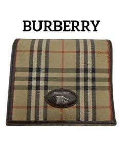 【BURBERRY】レザー　本革　ノバチェック　二つ折り財布　がま口　ブラウン