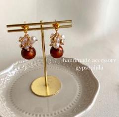 【No.156】ハンドメイドピアス、イヤリング、ブラウン、パールジャラ