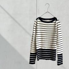 3392【イネド】リブ　Tシャツ　カットソー　長袖　白黒　ボーダー　Ｓ　大人