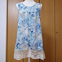 光沢刺繍花柄あっとほうむシフォン透け感ノースリーブトップス レース付き