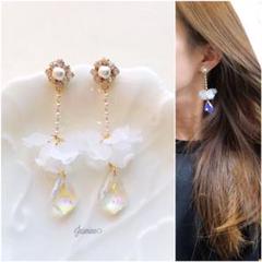 736. ビジュー×フラワーペタル パールチェーン ロングピアス