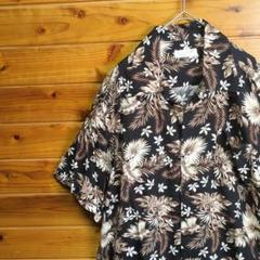 アロハシャツ　柄シャツ　ヴィンテージ　M　ボタニカル柄　花柄　レーヨン　黒　茶
