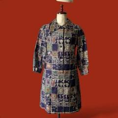 ◎昭和レトロオリエンタル和柄チュニック 七分袖 ネイビー vintage古着