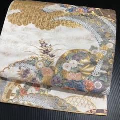 正絹 六通袋帯 豪華刺繍 花柄 アイボリーにゴールド 540-8
