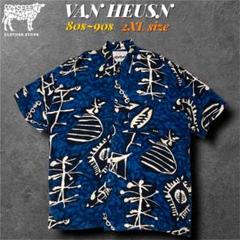80s90s ヴァンヒューゼン　総柄レーヨンシャツ　アロハテイスト　実寸2XL