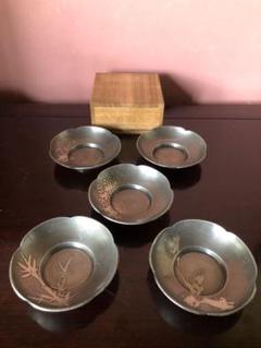 古美術　古錫　間村自造　　茶托　精密技巧図　柄違い　５托 古美術 古錫 間村自造 茶托 精密技巧図 柄違い 5托