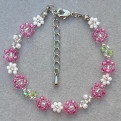 ブレスレット ハンドメイド 花 フラワー ガラスビーズ ピンク 白 黄緑 銀