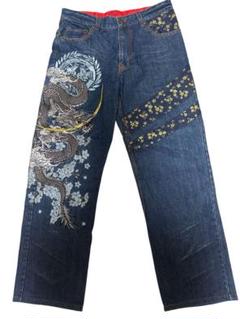 ☆豪華刺繍☆流儀×華鳥風月 デニム 黒龍 両面刺繍 サイズ34 花鳥