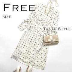 東京スタイルト シルクライク ドット柄ペプラムセットアップ風ワンピース白黒