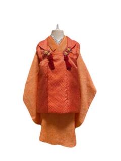 七五三 シンプル3歳　着物&被布　2点セット　オレンジ系　祝い着　鹿の子絞り風