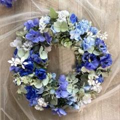 青のリース　フラワーリース　夏　パンジー　インテリア　紫陽花　一点もの