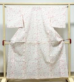 B 夏物 かわいい花模様 薄赤色 化繊 薄物 絽 紗 小紋 着物