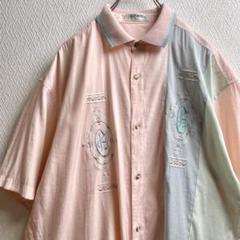 古着 レトロ シャツ 襟リブ 刺繍 デザインシャツ 柄シャツ ピンク 半袖