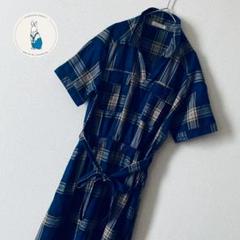 チェック柄　シャツワンピース　(L)　半袖　青　総裏　レディース　古着