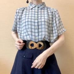 チェック柄 シフォン ゆったり シャツブラウス 昭和レトロ ヴィンテージ 水色