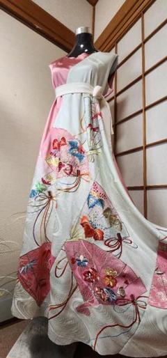 彩　着物リメイク♪ 華やかな袋帯と留袖からロングワンピース❣️ 着物リメイク ワンピース 黒留袖 ドレス ロング Aライン 七分袖