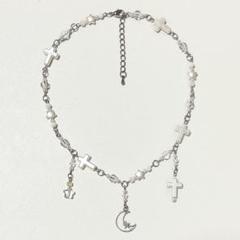 ハンドメイドネックレス ホワイト×月と十字架 ウィッシュコア フェアリーグランジ