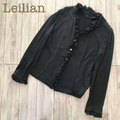 Leilian Vネックウールレース長袖ニットカーディガン黒ブラック9フリル