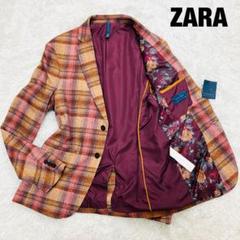 未使用　ZARA テーラードジャケット　花柄　チェック柄　ドット柄　ボルドー 未使用 ZARA テーラードジャケット 花柄 チェック柄 ドット柄