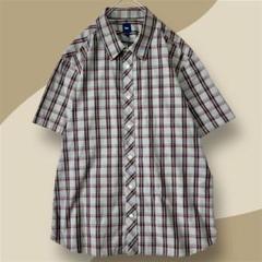 メンズ　Gap チェック　半袖シャツ　グレー系　表前立て　ラウンドテイル　古着