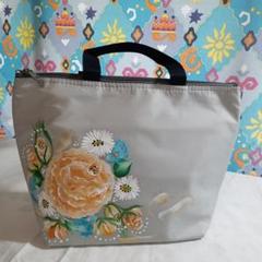 ランチトートバッグ2　トールペイント　ハンドメイド　保冷保温　オレンジローズ　春