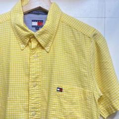 【人気モデル】トミーヒルフィガー チェック柄 黄色 半袖シャツ　刺繍ロゴ