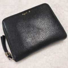 アニエスベー 二つ折り財布 シボ革 ラウンドジップ 本革 ブラック