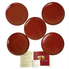 【新品・未使用】越前漆器　木製・漆塗　長角お盆　溜色　５枚セット　花絵付 お盆 トレー おもてなし四角 正方形 無地 来客 お祝 日本製 越前