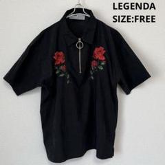 LEGENDA ハーフジップ薔薇刺繍半袖シャツ ブラック