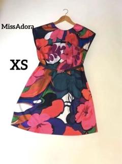 MissAdora カラフル花柄 フレンチスリーブ ワンピース レザーベルトXS
