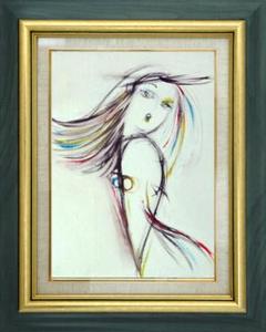 絵画 インテリア 額付( 青緑＋金色の枠) 油絵 F4-080214 人物女性像 絵画 インテリア 額付( 青緑＋金色の枠) 油絵 F4-080214 人物