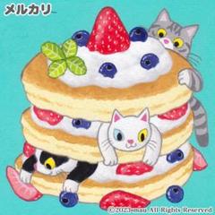 原画「三匹の猫〜苺パンケーキでかくれんぼ」イラスト/アート/絵画/猫/スウィーツ