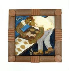 1960s アンティーク　ガラス絵　額装　作家物　油絵　絵画　人物像　蚤の市
