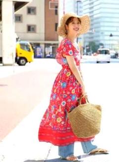 夏のスーパーセール！花柄・動物柄ロングワンピース（レッド）