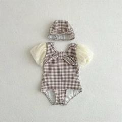 ベビー　水着　80 90 チェック柄　フリル　帽子付き　可愛い　海　プール　新品