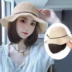 かつら 麦わら帽子付きウィッグ 帽子付きウィッグ 内巻きショート春夏用