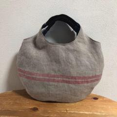 リネンぺたんこ丸バッグ　赤ラインリネン