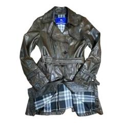美品　バーバリーブルーレーベル　ラムレザー　チェック　トレンチコート 茶 38 美品バーバリーブルーレーベルラムレザーチェックトレンチコート