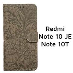 Redmi Note10JE 10T 手帳 グレー エンボス 草花