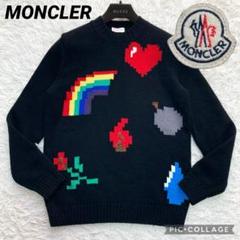 未使用級 希少 カシミヤ混 モンクレール ニット 総柄 ドット絵 黒 ブラック 未使用級 希少 カシミヤ混 モンクレール ニット 総柄 ドット絵