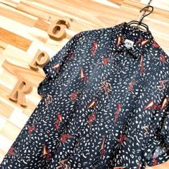 【ザラ】まだら柄サンダー ロゴ レーヨン サテン 半袖シャツ 斑模様 M 紺×白