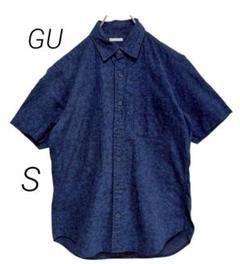 【GU】ジーユー リネンブレンドシャツ 花柄 半袖 S 紺 フラワープリント