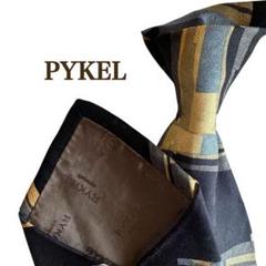 美品PYKEL ネイビー紺ネクタイゴールド水色横ストライプ SILK水玉入り