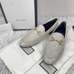 GUCCI ベージュキャンバス メタリックロゴローファー