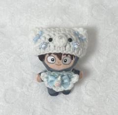 ぬい服　8cm 猫耳ニット帽、スタイセット　ミルクくま　水色　ほわぬい