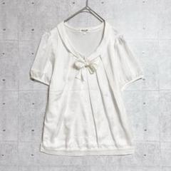 【SOUP】ボウタイブラウス (9) 半袖 光沢感 異素材 オフィスカジュアル