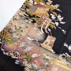 黒留袖 金駒刺繍 御所車 水車 裄66 素敵なデザイン 着物 正絹 T