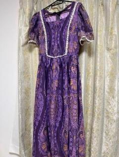 vintage レトロ 半袖 エスニック ペイズリー レース フリル ワンピース